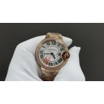 Cartier Ballon Bleu, silver dial with diamonds, 33mm, gold strap, mechanical women's watch.