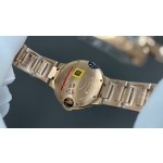 Cartier Ballon Bleu, silver dial with diamonds, 33mm, gold strap, mechanical women's watch.