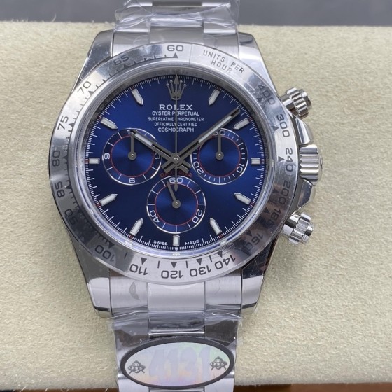 Rolex Daytona series, blue dial, silver bezel, silver case, 40mm, silver Oyster bracelet.