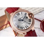 Cartier Ballon Bleu silver dial diamond-set 33mm red leather mechanical women's watch