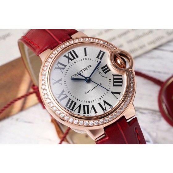 Cartier Ballon Bleu silver dial diamond-set 33mm red leather mechanical women's watch