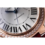 Cartier Ballon Bleu silver dial diamond-set 33mm red leather mechanical women's watch