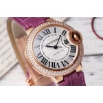 Cartier Ballon Bleu, silver dial with diamonds, 33mm, purple alligator leather strap, mechanical women's watch.