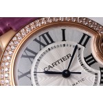Cartier Ballon Bleu, silver dial with diamonds, 33mm, purple alligator leather strap, mechanical women's watch.