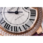 Cartier Ballon Bleu, silver dial with diamonds, 33mm, purple alligator leather strap, mechanical women's watch.