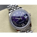 Datejust series, 31mm with purple dial and diamond setting, silver strap.