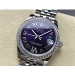 Datejust series, 31mm with purple dial and diamond setting, silver strap.