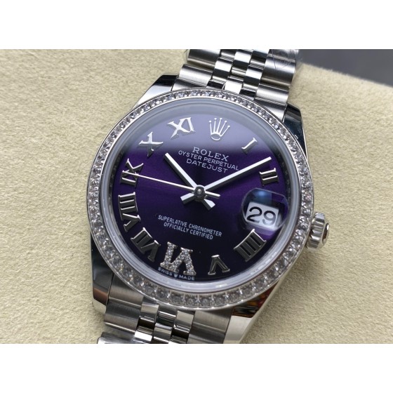 Datejust series, 31mm with purple dial and diamond setting, silver strap.