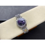 Datejust series, 31mm with purple dial and diamond setting, silver strap.