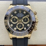 Rolex Daytona series, diamond-set black dial, black bezel, gold case, 40mm, rubber strap.