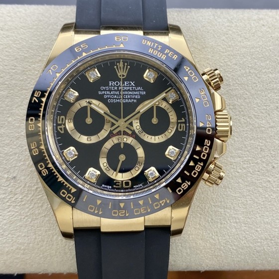 Rolex Daytona series, diamond-set black dial, black bezel, gold case, 40mm, rubber strap.
