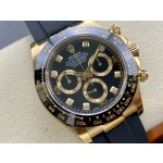Rolex Daytona series, diamond-set black dial, black bezel, gold case, 40mm, rubber strap.