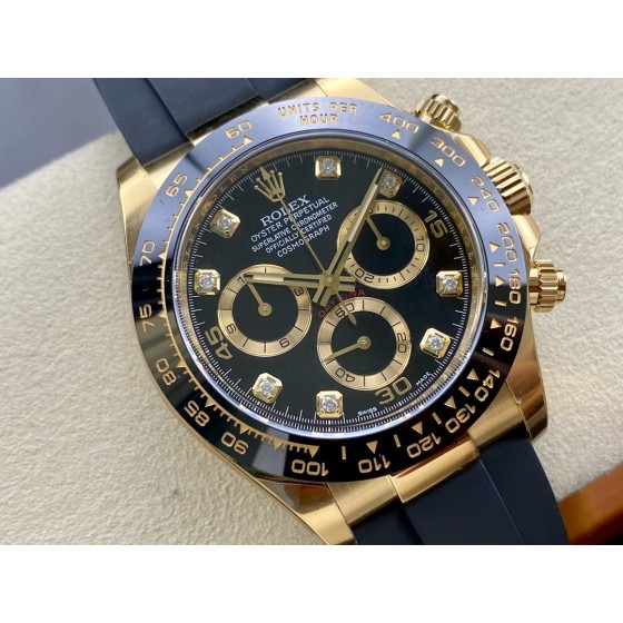 Rolex Daytona series, diamond-set black dial, black bezel, gold case, 40mm, rubber strap.