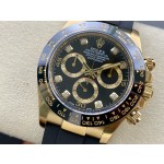 Rolex Daytona series, diamond-set black dial, black bezel, gold case, 40mm, rubber strap.