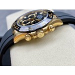 Rolex Daytona series, diamond-set black dial, black bezel, gold case, 40mm, rubber strap.