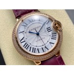 Cartier Ballon Bleu series, 36mm women's watch with silver dial and diamond-set bezel, purple leather strap, mechanical movement.