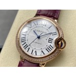 Cartier Ballon Bleu series, 36mm women's watch with silver dial and diamond-set bezel, purple leather strap, mechanical movement.