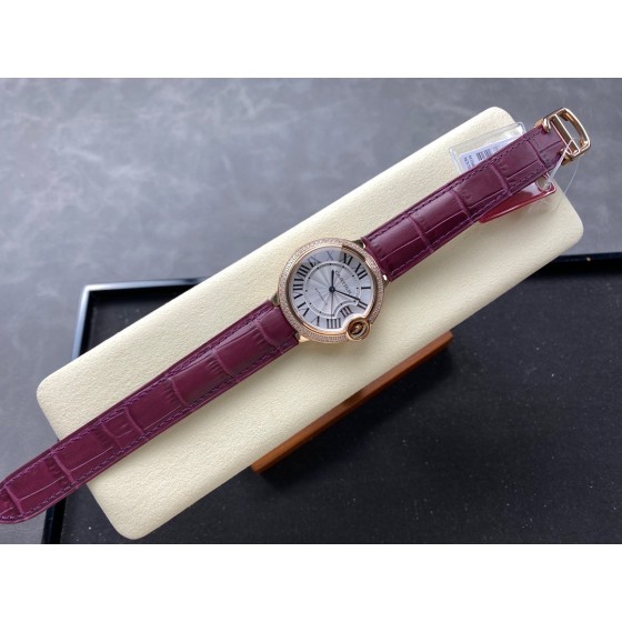 Cartier Ballon Bleu series, 36mm women's watch with silver dial and diamond-set bezel, purple leather strap, mechanical movement.