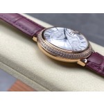 Cartier Ballon Bleu series, 36mm women's watch with silver dial and diamond-set bezel, purple leather strap, mechanical movement.