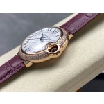 Cartier Ballon Bleu series, 36mm women's watch with silver dial and diamond-set bezel, purple leather strap, mechanical movement.