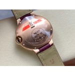 Cartier Ballon Bleu series, 36mm women's watch with silver dial and diamond-set bezel, purple leather strap, mechanical movement.