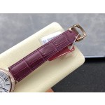 Cartier Ballon Bleu series, 36mm women's watch with silver dial and diamond-set bezel, purple leather strap, mechanical movement.