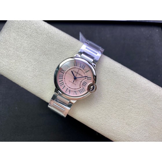 Cartier Ballon Bleu series, pink dial, 36mm, women's watch, silver strap, mechanical.