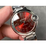 Cartier Ballon Bleu series, burgundy dial, 33mm, women's watch, silver strap, mechanical.