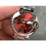 Cartier Ballon Bleu series, burgundy dial, 33mm, women's watch, silver strap, mechanical.