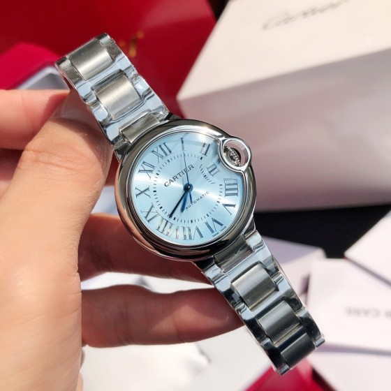 Cartier Ballon Bleu series, ice blue dial, 33mm, women's watch, silver strap, mechanical.