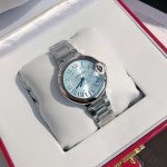 Cartier Ballon Bleu series, ice blue dial, 33mm, women's watch, silver strap, mechanical.