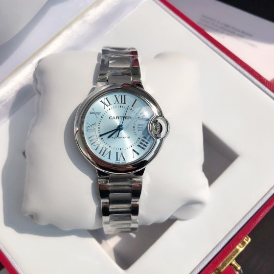 Cartier Ballon Bleu series, ice blue dial, 33mm, women's watch, silver strap, mechanical.
