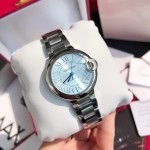 Cartier Ballon Bleu series, ice blue dial, 33mm, women's watch, silver strap, mechanical.