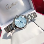 Cartier Ballon Bleu series, ice blue dial, 33mm, women's watch, silver strap, mechanical.