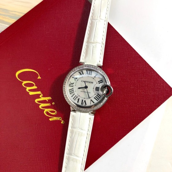 Cartier Ballon Bleu series, white dial, 33mm, women's watch, white leather strap, mechanical.