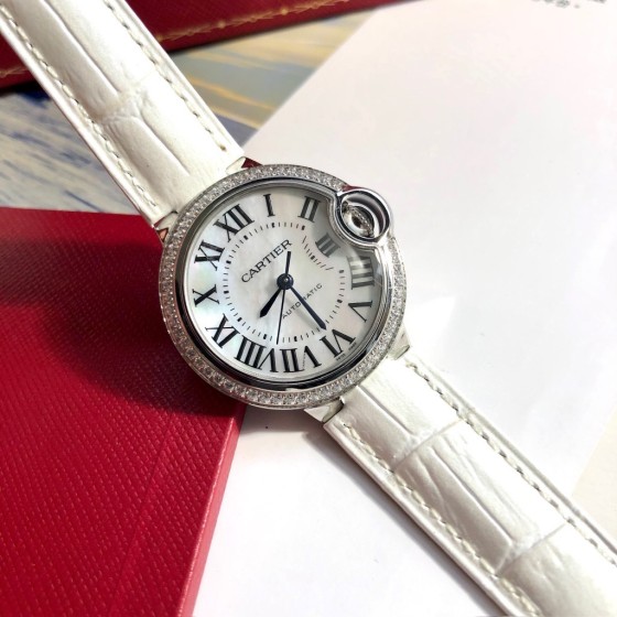 Cartier Ballon Bleu series, white dial, 33mm, women's watch, white leather strap, mechanical.