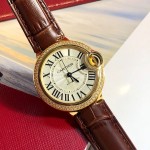 Cartier Ballon Bleu series, 33mm women's watch with silver dial and diamond-set bezel, brown leather strap, mechanical movement.