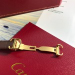 Cartier Ballon Bleu series, 33mm women's watch with silver dial and diamond-set bezel, brown leather strap, mechanical movement.