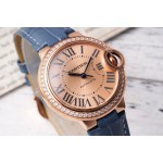 Cartier Ballon Bleu series, rose gold dial, diamond-set bezel, 33mm, ladies' watch, grey-blue leather strap, mechanical movement.