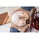 Cartier Ballon Bleu series, rose gold dial, diamond-set bezel, 33mm, ladies' watch, grey-blue leather strap, mechanical movement.