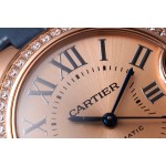 Cartier Ballon Bleu series, rose gold dial, diamond-set bezel, 33mm, ladies' watch, grey-blue leather strap, mechanical movement.