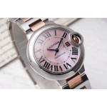 Cartier Ballon Bleu series, mother-of-pearl pink dial, 33mm, women's watch, rose gold two-tone strap, mechanical.