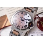 Cartier Ballon Bleu series, mother-of-pearl pink dial, 33mm, women's watch, rose gold two-tone strap, mechanical.