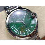 Cartier Ballon Bleu series, green dial, 42mm men's watch, silver strap, mechanical.