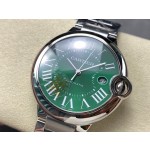 Cartier Ballon Bleu series, green dial, 42mm men's watch, silver strap, mechanical.