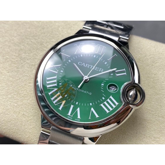 Cartier Ballon Bleu series, green dial, 42mm men's watch, silver strap, mechanical.