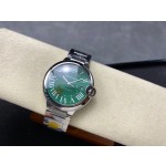 Cartier Ballon Bleu series, green dial, 42mm men's watch, silver strap, mechanical.