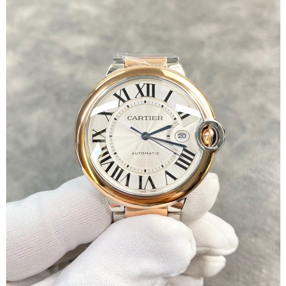 Cartier Ballon Bleu series, 42mm men's watch with silver dial, gold and silver two-tone strap, mechanical movement.