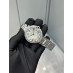 Cartier Ballon Bleu series, silver dial with diamond-set bezel, 42mm men's watch, silver strap, mechanical movement.