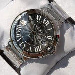 Cartier Ballon Bleu series, black dial, 42mm men's watch, silver strap, mechanical.